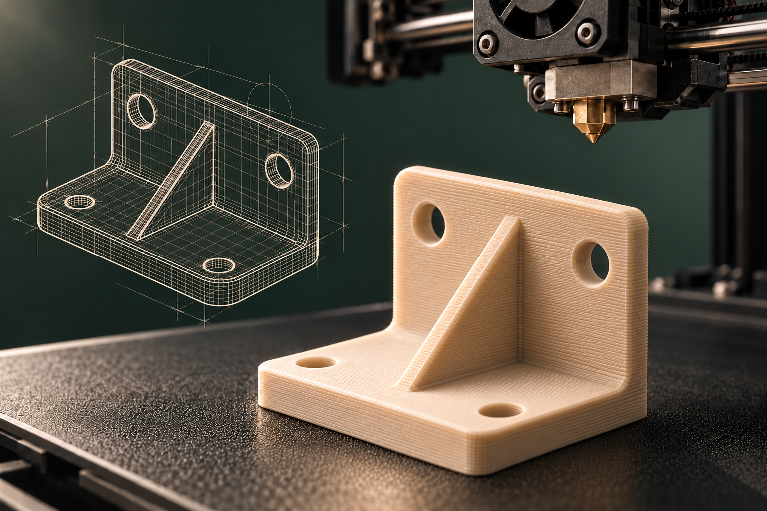 Concept illustration comparing a CAD wireframe with its finished printed bracket and a parked printer nozzle above the part